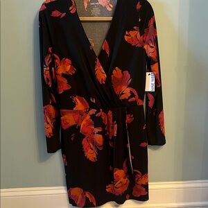 Nine West Black and Red Floral Long Sleeve Dress
